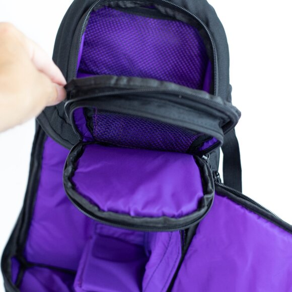 NWT Sling Camera Backpack QIPI Black with Purple Interior - Picture 12 of 15